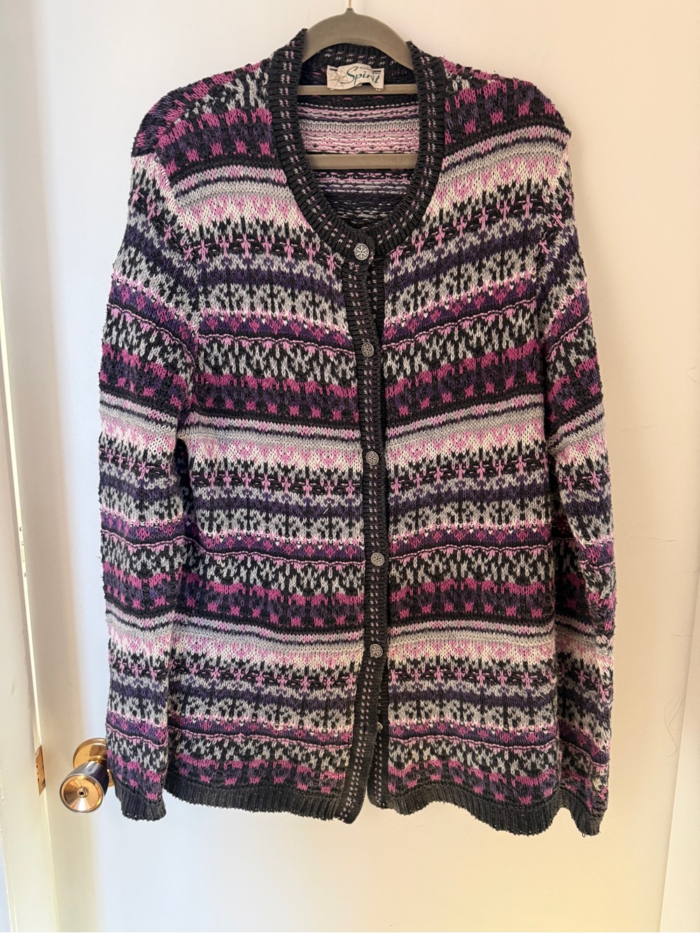 Northern Spirit Fair Isle Cardigan Pink Purple Nordic Sweater L XL